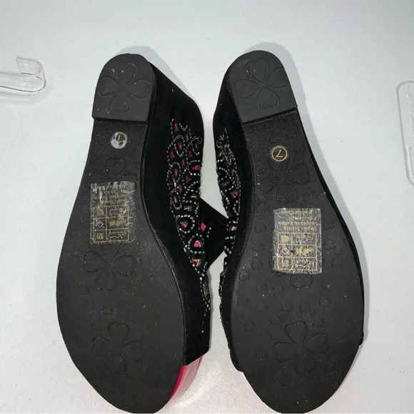 Beauty heels rhinestone vtg wedges faux suede bright pink patent leather sz 7 - Picture 3 of 5